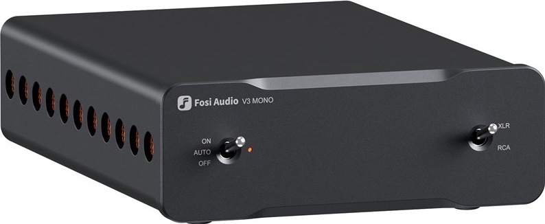 Čierny zosilňovač Fosi Audio V3 Mono spredu s prepínačom ON/AUTO/OFF, voľbou vstupu XLR/RCA a bočnou ventiláciou.
