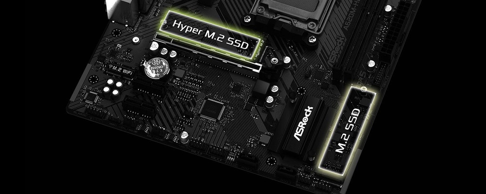 Základná doska ASRock A620M-HDV/M.2 s vyznačenými oblasťami označujúcimi slotmi pre SSD disky Hyper M.2. Vidíme logo ASRock a textové popisky SSD slotov.