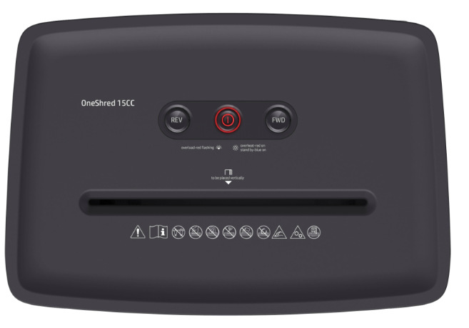 Skartovač HP OneShred 15CC biely Horný ovládací panel skartovača HP OneShred 15CC s tlačidlami REV, FWD a indikátory