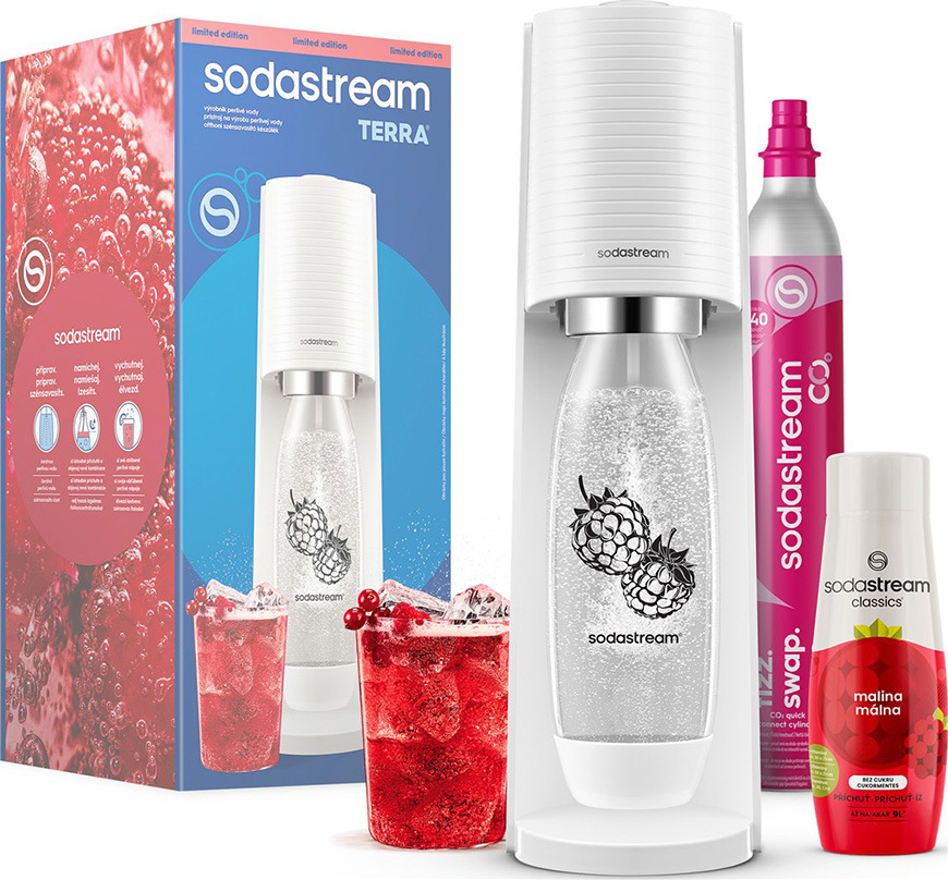 Výrobník sódovej vody SodaStream TERRA White Malina Zero Mpack biely Výrobník sódovej vody SodaStream TERRA White Malina Zero Mpack