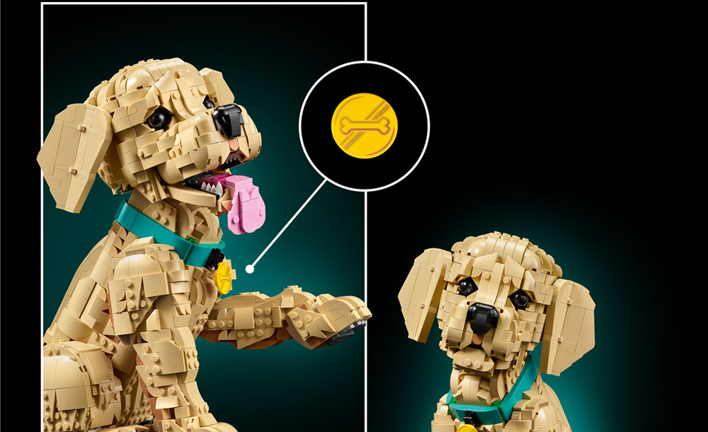 Stavebnica LEGO® Icons 11384 Štěně zlatého retrívra Šteňa meria cez 30 cm a ako výrazná dekorácia poteší milovníkov psov aj dospelých fanúšikov LEGO Icons.