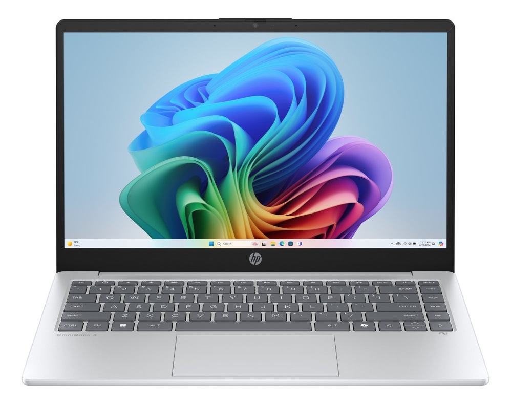 Notebook HP OmniBook 3 NG AI PC 14-ha0001nc + Game Pass predplatné na 3 mesiace strieborný Otvorený a zapnutý notebook HP OmniBook 3 NG AI PC 14-ha0001nc spredu