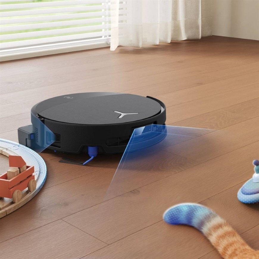 Ilustrácia robotického vysávača DEEBOT T90 PRE OMNI skenujúceho interiér a prekážky
