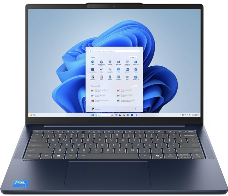 Modrý notebook Lenovo IdeaPad Slim 5 14AKP10 s 14″ displejom v otvorenom prevedení
