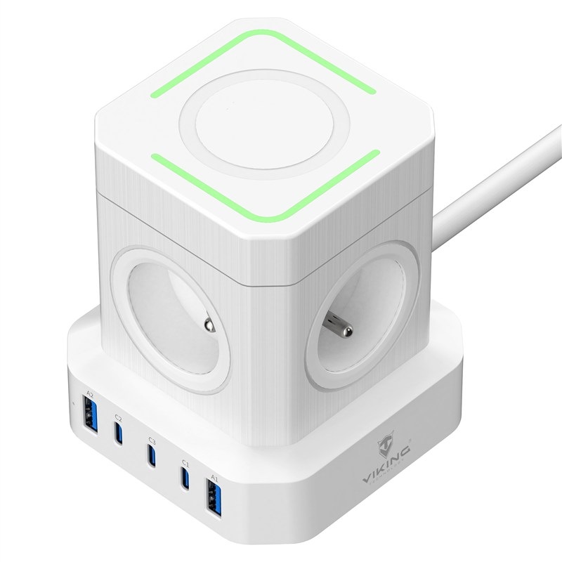 Kábel predlžovací Viking ACT45W, 4x zásuvka, 3x USB-C a 2x USB-A, vypínač, 2m biely Kábel predlžovací Viking ACT45W, 4x zásuvka, 3x USB-C a 2x USB-A, vypínač, 2m biely