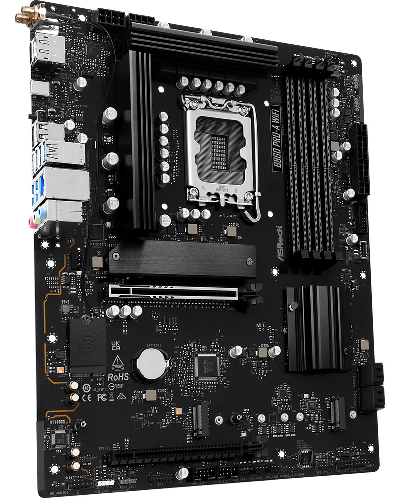 Základná doska ASRock B860 Pro-A WiFi Základná doska ASRock B860 Pro-A WiFi v čiernom prevedení s masívnymi chladičmi VRM a slotmi DDR5