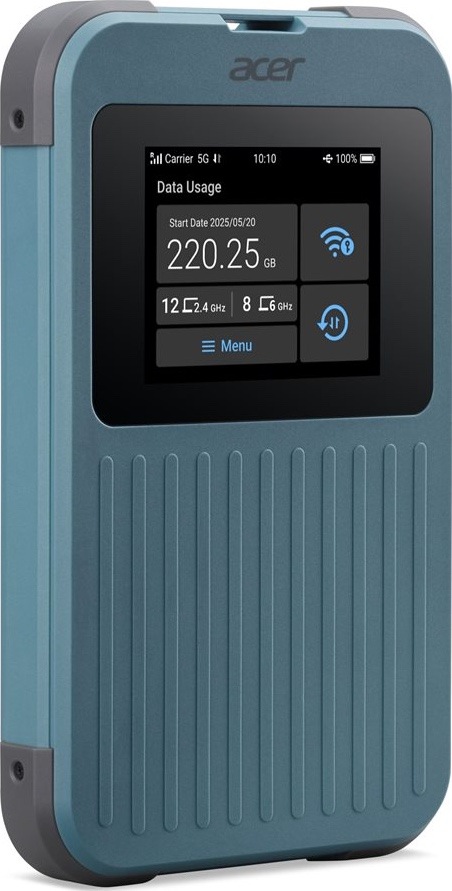 Router Acer Connect M4 5G wifi hotspot router + 20GB Data Modrozelený mobilný hotspot Acer Connect M4 z predného bočného pohľadu. Na prednej strane má dotykový displej so stavom 5G pripojenia, využitými dátami, batériou a ikonami Wi-Fi. Telo má zaoblené rohy, šedé ochranné hrany a vrúbkovaný spodný panel.
