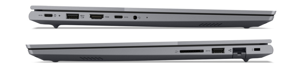 Zatvorený notebook Lenovo ThinkBook 16p G6 ADR z oboch profilov zobrazujúci porty