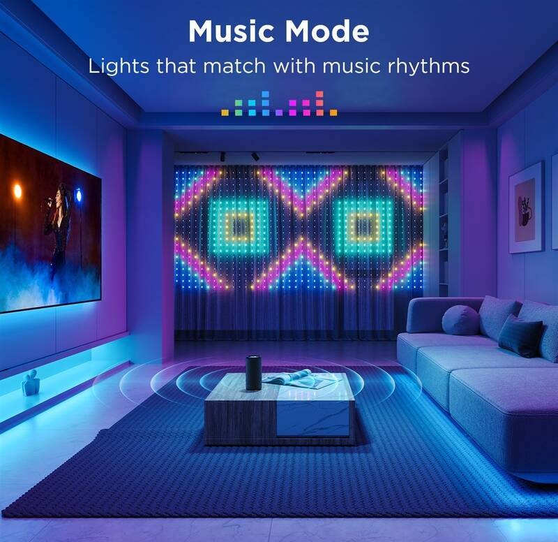 Veľká RGBIC svetelná opona v obývačke v režime Music Mode synchronizovaná s hudbou z TV