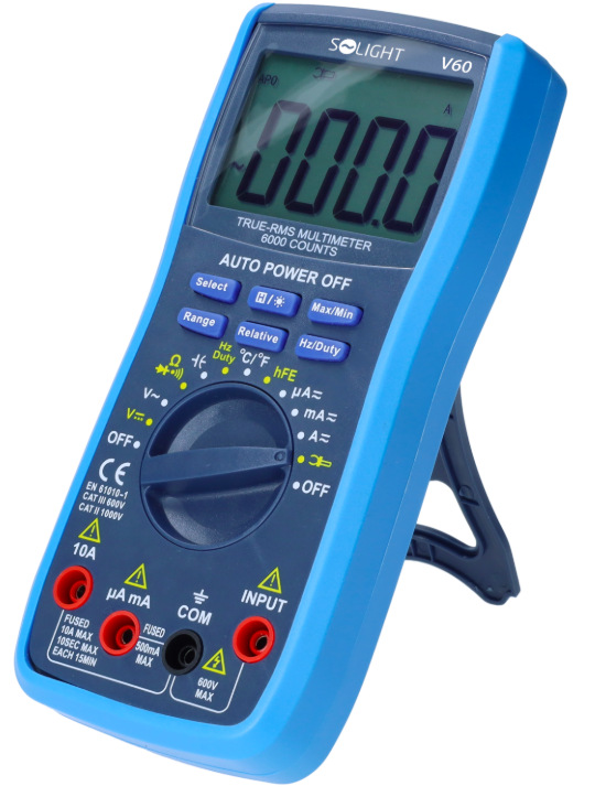 Multimeter Solight V60 Multimeter Solight V60 s výklopným stojanom pre pohodlné umiestnenie na pracovnú plochu