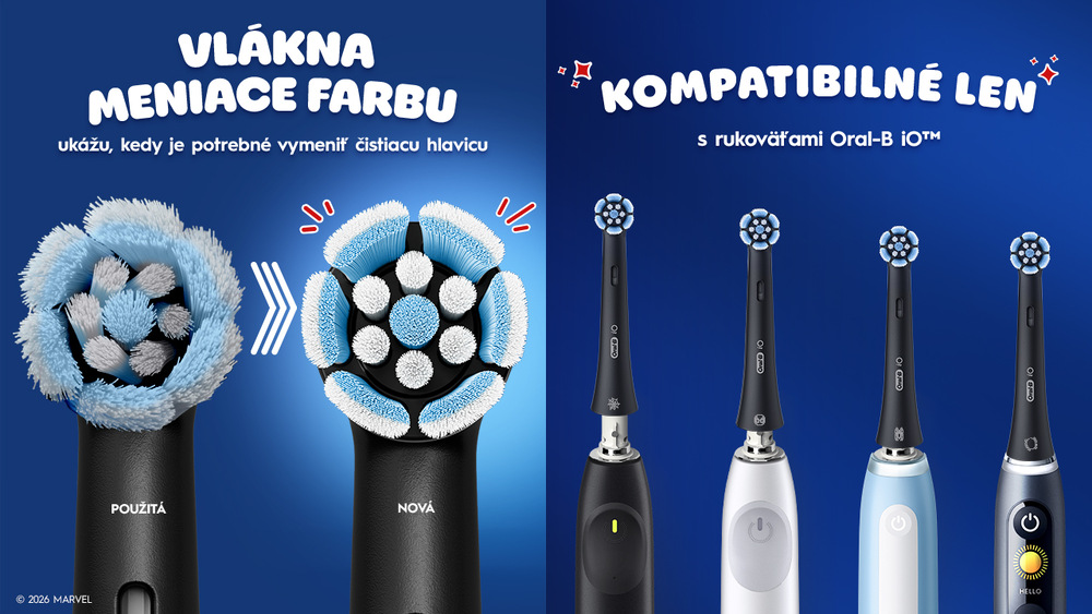 Náhradné hlavice Oral-B iO Kids Spiderman (4 ks) čierna Porovnanie použitej a novej hlavice s funkciou meniacej farby vlákien a informáciou o kompatibilite s rukoväťami Oral-B iO.
