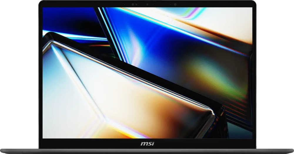 Čelný pohľad na OLED displej notebooku MSI Prestige 16 AI+ s tenkými rámčekmi a webkamerou
