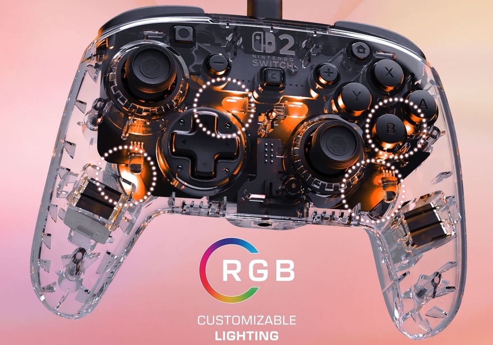 Gamepad Turtle Beach Afterglow Wired RGB, NS2 priehľadný Originálna priehľadná konštrukcia gamepadu Turtle Beach Afterglow Wired RGB zvýrazňuje prednastavený RGB režim.