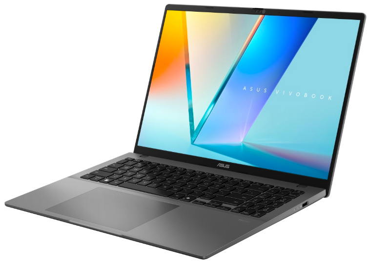Notebook Asus Vivobook S16 sivý Otvorený ASUS Vivobook S16 sprava so šedým telom, klávesnicou a touchpadom