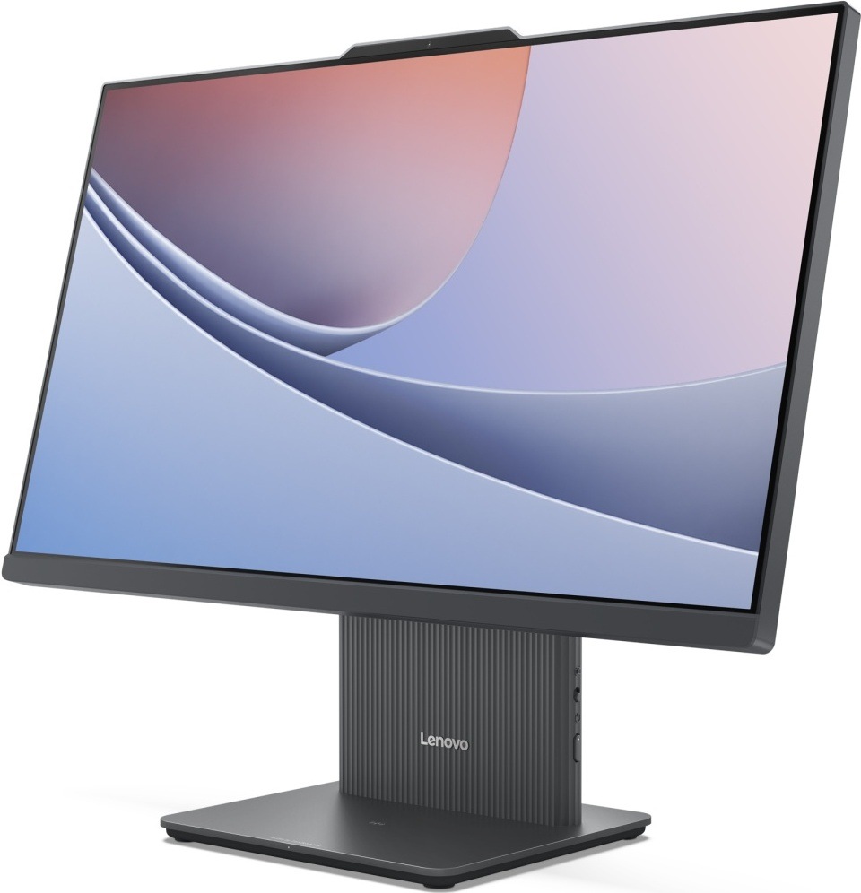 PC all in-one Lenovo IdeaCentre 24IRH9 sivý Pohľad na obrazovku a ľavú stranu počítača Lenovo IdeaCentre s kvalitnou webkamerou a reproduktormi