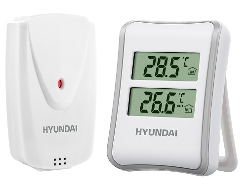 Biela meteostanica Hyundai WS 1030 zobrazujúca nameranú vnútornú a vonkajšiu teplotu s externým bezdrôtovým čidlom