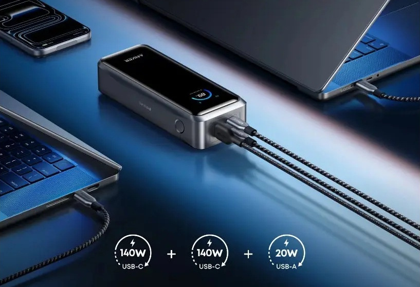 Powerbank Anker Anker Prime 26250mAh, 300W čierny Notebooky pripojené k powerbanke Anker Prime vybavené displejom s ukazovateľom stavu batérie