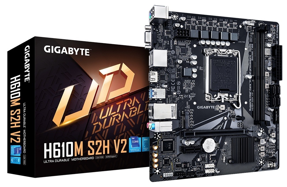 Základná doska GIGABYTE H610M H V2 MB Gigabyte H610M H V2 pohľad na krabici a dosku
