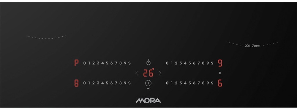 Detail dotykového ovládacieho panelu indukčnej dosky Mora VDIS67HC s LED displejom a XXL zónou.