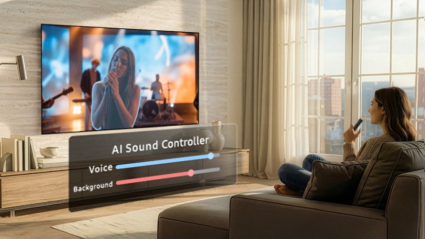 Televízor Samsung QE85QN72H Televízia Samsung v obývacej izbe, žena zvyšuje hlasitosť spevu