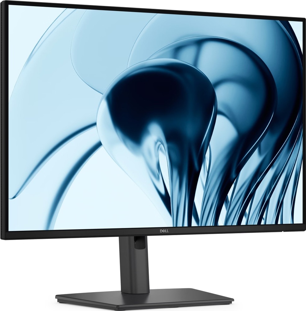 Monitor Dell Pro P 24 P2426 čierny Čierny monitor Dell Pro P2426 z predného šikmého pohľadu, s tenkými rámčekmi, stredovým stojanom a plochou obdĺžnikovou základňou.