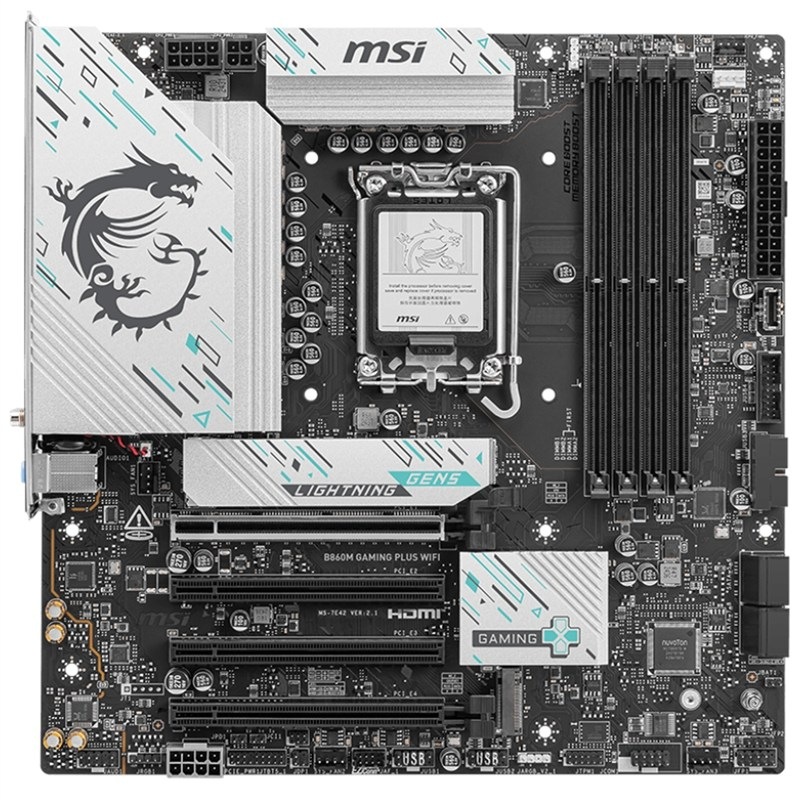 Základná doska MSI B860M GAMING PLUS WIFI Základná doska MSI B860 GAMING PLUS WIFI v čiernej a striebornej farbe.