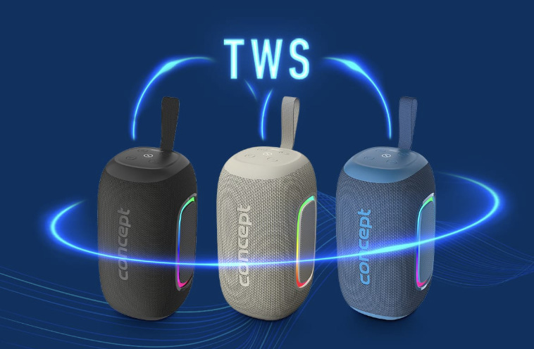 Prenosný reproduktor Concept SoundJoy BR5022 modrý Tri farebné prevedenia reproduktora Concept SoundJoy s podporou bezdrôtového párovania TWS