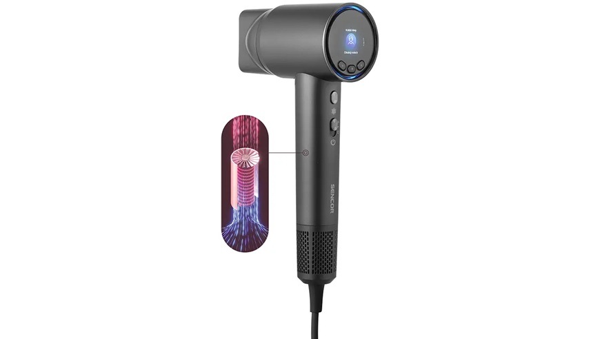 Bočný pohľad na fén Sencor SHD 8600BK aj s grafickým zobrazením turbo rýchlosti fénovania.