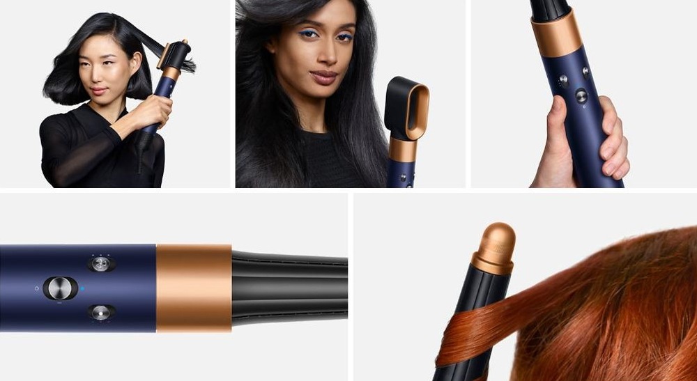 Multistyler Dyson Airwrap i.d. HS08 T1/T2 pruská modrá/medená medený/pruská modrá žena si upravuje vlasy vždy iným nástavcom, ktoré sú súčasťou balenia.