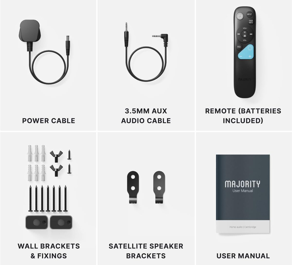Soundbar Majority Bowfell Halo 5.1 čierny Príslušenstvo soundbaru Majority Bowfell Halo zahŕňa napájací a AUX kábel, diaľkový ovládač, montážne držiaky a návod.