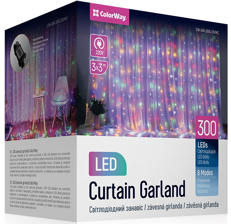 Vianočné osvetlenie ColorWay vnútorné, 300 LED, 3× 3m, 220–240V AC, viacfarebné