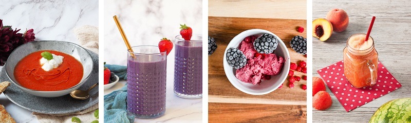 Stolný mixér ETA Vital Blend Mini II 5100 90000 čierny/nerez Koláž štyroch fotografií s ukážkami jedál a nápojov pripravených v mixéri ETA Vital Blend Mini II: červená krémová polievka, dva poháre fialového smoothie, miska s ružovou domácou zmrzlinou s černicami a poháre s ovocným kokteilom a slamkou