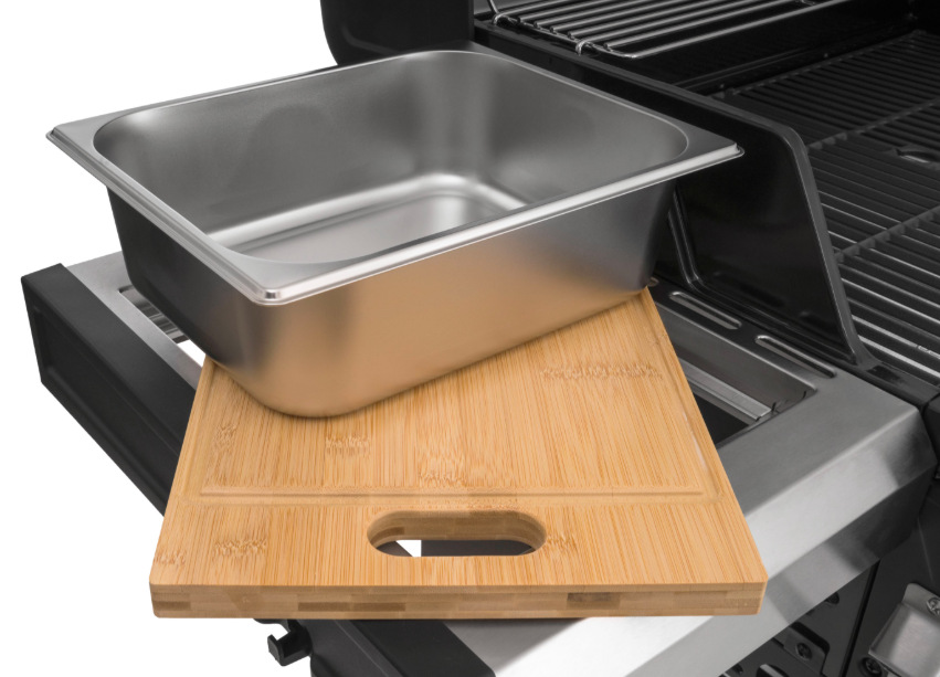 Gril záhradný plynový G21 GAH-BBQ4ALAB-SV Alabama Silver BBQ Premium Line Marinovacia miska a bambusová doska integrovaná v bočnom stolíku grilu G21