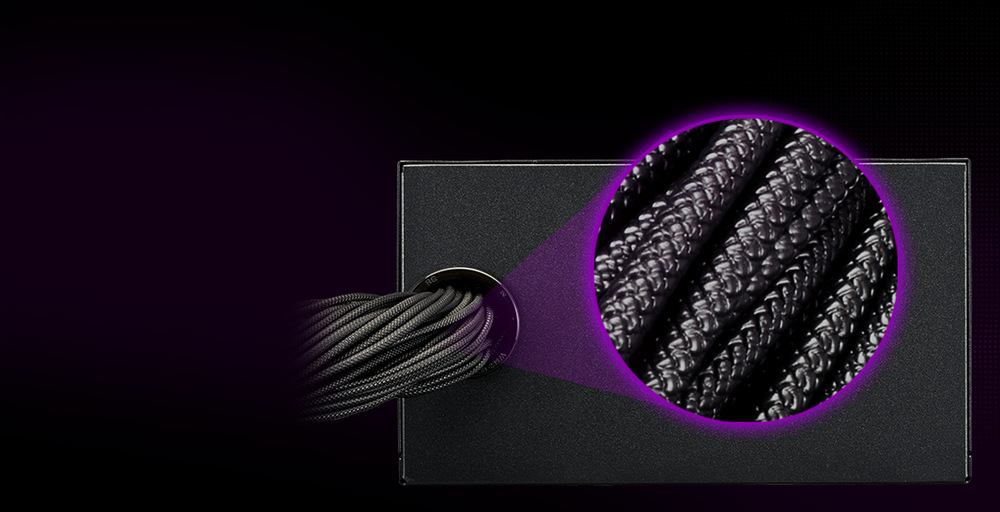 Zdroj Cooler Master MWE Bronze V3 650W, 80+ Bronze čierny Texturované káble s razeným povrchom zlepšujú manipuláciu a zároveň zaisťujú čistý a prémiový vzhľad zostavy