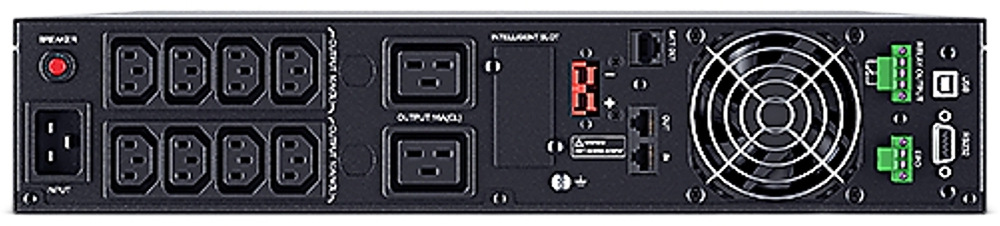 Záložný zdroj CyberPower Professional Advanced OnLine S 3000VA/2700W,2U čierny Na obrázku je zadný panel rackového UPS CyberPower s 8 zásuvkami IEC C13 a 2 väčšími IEC C19 pre napájanie pripojených zariadení. Vľavo je istič a vstupný napájací konektor, uprostred rozširujúci slot a komunikačné porty a vpravo veľký chladiaci ventilátor, USB, RS232 a zelené svorky pre ďalšie pripojenie. Panel pôsobí technicky a je určený na profesionálne serverové nasadenie.