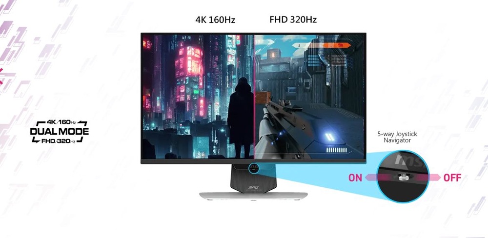 Herný monitor MSI MPG 274URDFW E16M čierny Herný monitor zobrazujúci rozdelenú obrazovku: ľavá strana zobrazuje mestskú krajinu v rozlíšení 4K 160 Hz, pravá strana futuristickú zbraň v rozlíšení FHD 320 Hz.