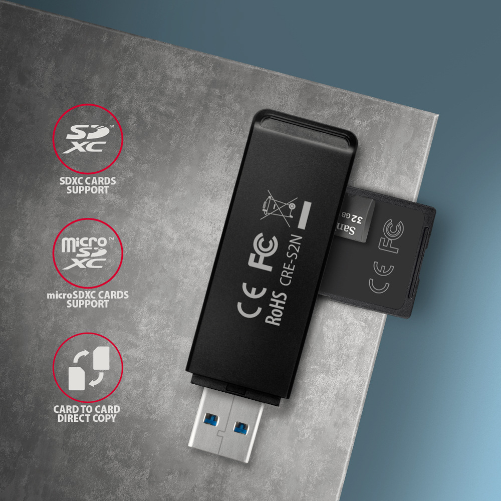 Čítačka pamäťových kariet Axagon Card Reader USB-A 3.2 Gen 1, 2-slot & lun SD/microSD, UHS-I čierna Axagon Card Reader USB-A 3.2 Gen 1 má dva sloty - SD a microSD