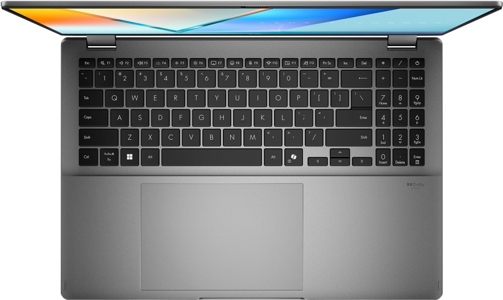 Pohľad zhora na klávesnici notebooku Asus Vivobook 16 Flip s priestranným touchpadom