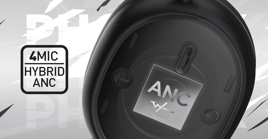Headset HATOR Phoenix 2 biely Vizualizácia mikrofónov hybridného ANC vo vnútri mušle headsetu HATOR Phoenix 2 Wireless
