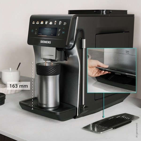 Automatický kávovar Siemens EQ600 iAroma TP605ET3 nerez Kávovar Siemens TP605ET3 pripravujúci kávu do termohrnčeka Siemens