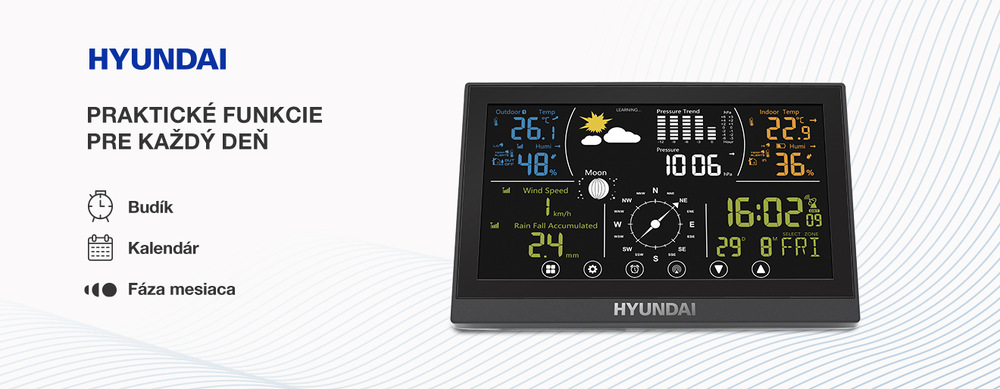 Natočený pohľad na meteostanicu Hyundai WSP 5100 RWIND zobrazujúci namerané informácie o počasí, dátumu a čas