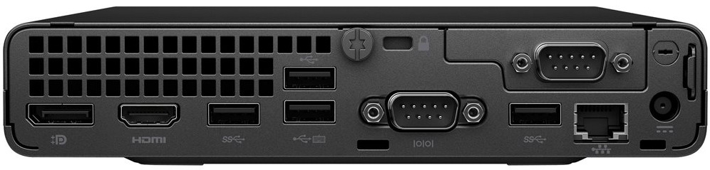 PC mini HP Pro Mini 260 G9 čierny Zadný panel mini stolného počítača HP Pro Mini 260 G9 obsahuje DisplayPort, HDMI, niekoľko USB portov a LAN vstup