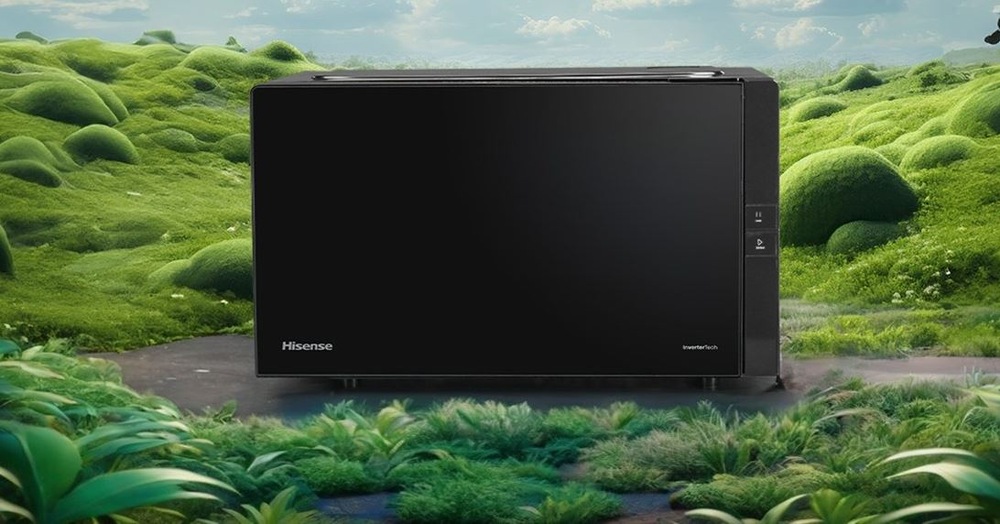 Mikrovlnná rúra Hisense H25MOBS4HGI Invertor čierna Mikrovlnná rúra Hisense H25MOBS4HGI na trávnatej zelenej lúke. Demonštrácia ECO režimu
