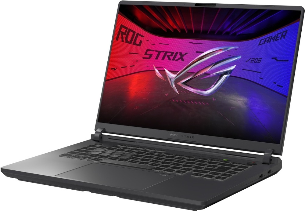 Notebook Asus ROG Strix G16 sivý Notebook ASUS ROG Strix G16 v otvorenej polohe s herným motívom na displeji pri pohľade šikmo zo strany