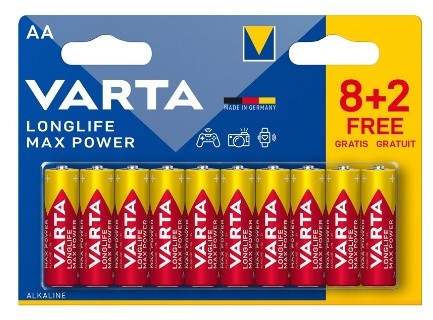 Batéria alkalická Varta Longlife Max Power AA, LR06, blister 8+2ks