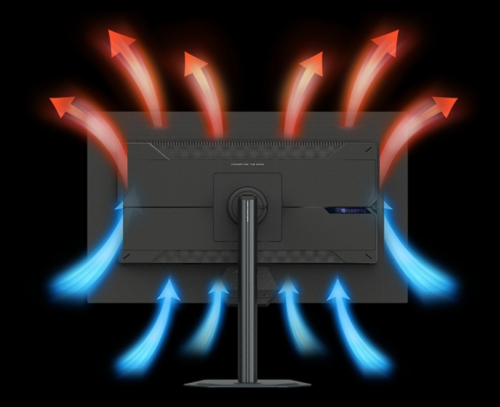 Herný monitor GIGABYTE M27Q3 čierny Detail obrázku s ilustráciou 4stranného chladenia.