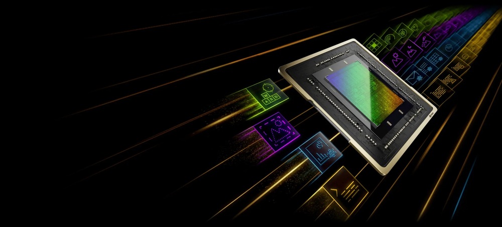 Mikročip s farebným obvodovým dizajnom sa vznáša vo vesmíre, obklopený ikonami predstavujúcimi technológiu a inovácie na tmavom pozadí.