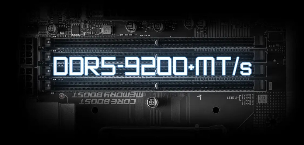 Obrázok ukazuje základnú dosku počítača s osvetleným štítkom DDR5-9200+ MT/s na slote RAM, ktorý označuje vysokorýchlostnú pamäťovú kapacitu.