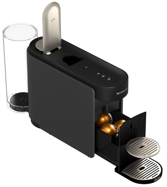 Kapsulový kávovar De'Longhi Nespresso Vertuo Up ENV200.GY antracitová farba Detail otvoreného kapsľového priestoru kávovaru DeLonghi Nespresso Vertuo Up ENV200.GY s uloženými kapsulami