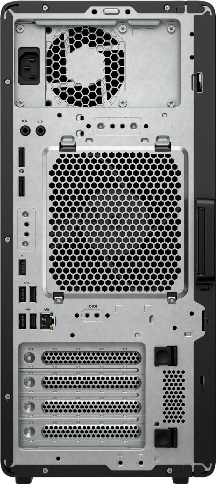Stolný počítač HP Z2 Tower G1i čierny Na obrázku je zadná strana stolného počítača HP Z2 Tower G1i. V hornej časti vľavo je napájací konektor a menšia vetracia mriežka, uprostred veľká šesťuholníková mriežka hlavného chladenia. Vľavo pod ňou sú dva obrazové výstupy, audio konektory, niekoľko USB portov a sieťový port LAN. V spodnej časti sú štyri záslepky pre rozširujúce karty a vpravo ďalšie perforácie a dva čierne prvky na zaistenie alebo otvorenie skrine. Celý zadný panel pôsobí technicky, prehľadne a ukazuje široké možnosti pripojenia.